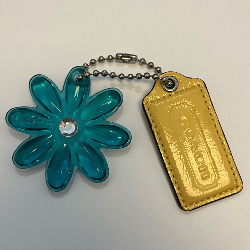 Coach Poppy Blue Acrylic Flower Charm and Yellow Patent Leather Hang Tag